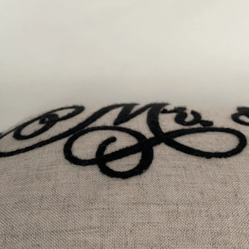 “Mr & Mrs.” Embroidered Script Long Rectangle Black & Oatmeal Anthropology